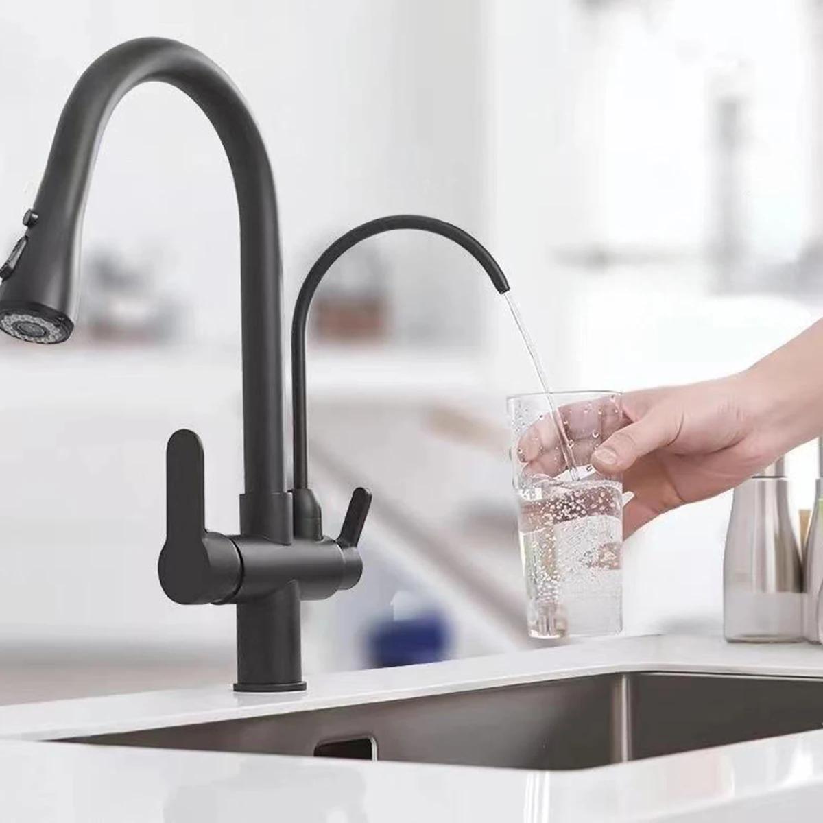 

Кухонный выдвижной поворотный смеситель с двухфункциональным распылителем Высококачественный смеситель для раковины Кран для холодной и горячей воды Смеситель для монтажа на столешницу G9/16 чёрный
