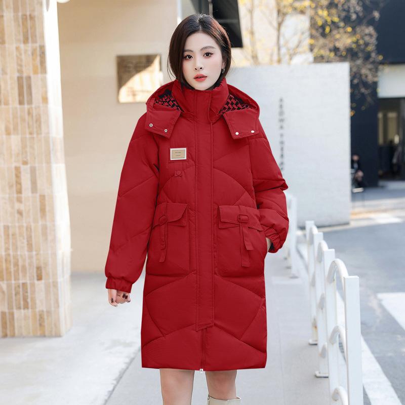 2025 New Cotton Jacket Women's Mid-length Over-the-knee Padded Jacket Loose Thickened and Warm Diamond-shaped Plaid Hooded Autumn and Winter Jacket
