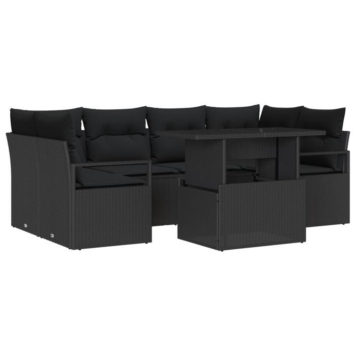 Ensemble de Canapé de Jardin 7 Pièces avec Coussins Rattan Poly Noir, Canapé de Jardin 2 Places avec Coussins Rattan Poly 3348759