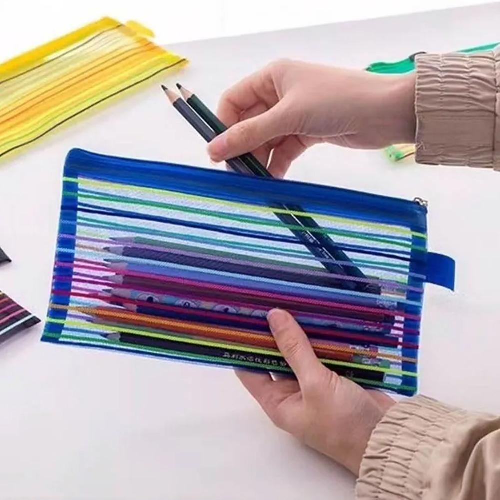 Colorful Mesh Zipper Pouch Bags Transparent Pencil Case Makeup Cosmetic Storage Bag Travel Organizer Stationery Office School