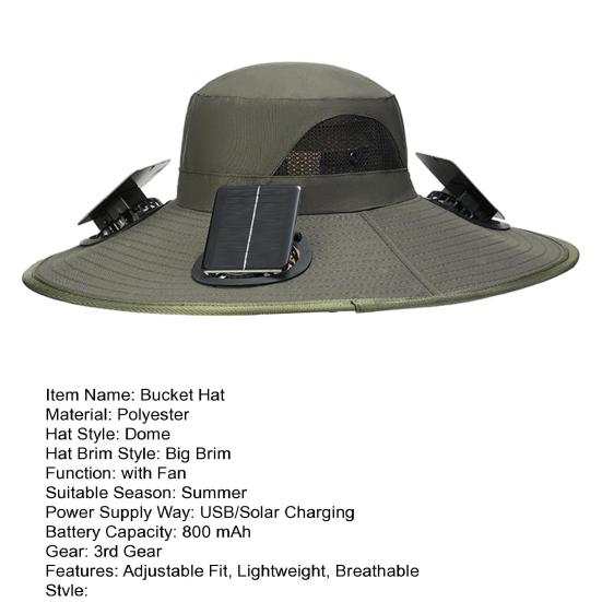 Solar Fan Bucket Hat Adjustable Wide Brim Sun Hat with Built-in Solar Panel Cooling Fan Hiking Fishing UV Protection Hat