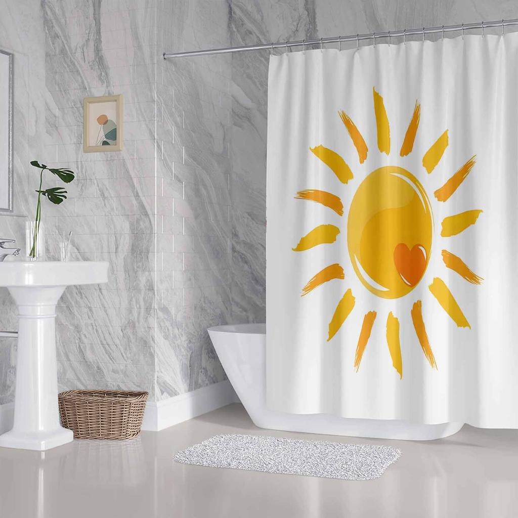Modern Minimalist Sun And Heart Pattern Shower Curtain, Made Of Polyester Fabric, Machine Washable, Suitable For Bathroom Dcor.