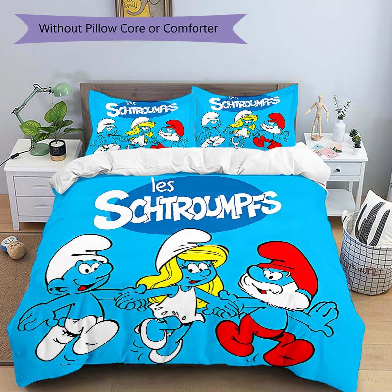 Smurfs' Adventure Print 3Pcs Bedding Setduvet Cover With 2 Bedropillowcase Home Birthday Gift