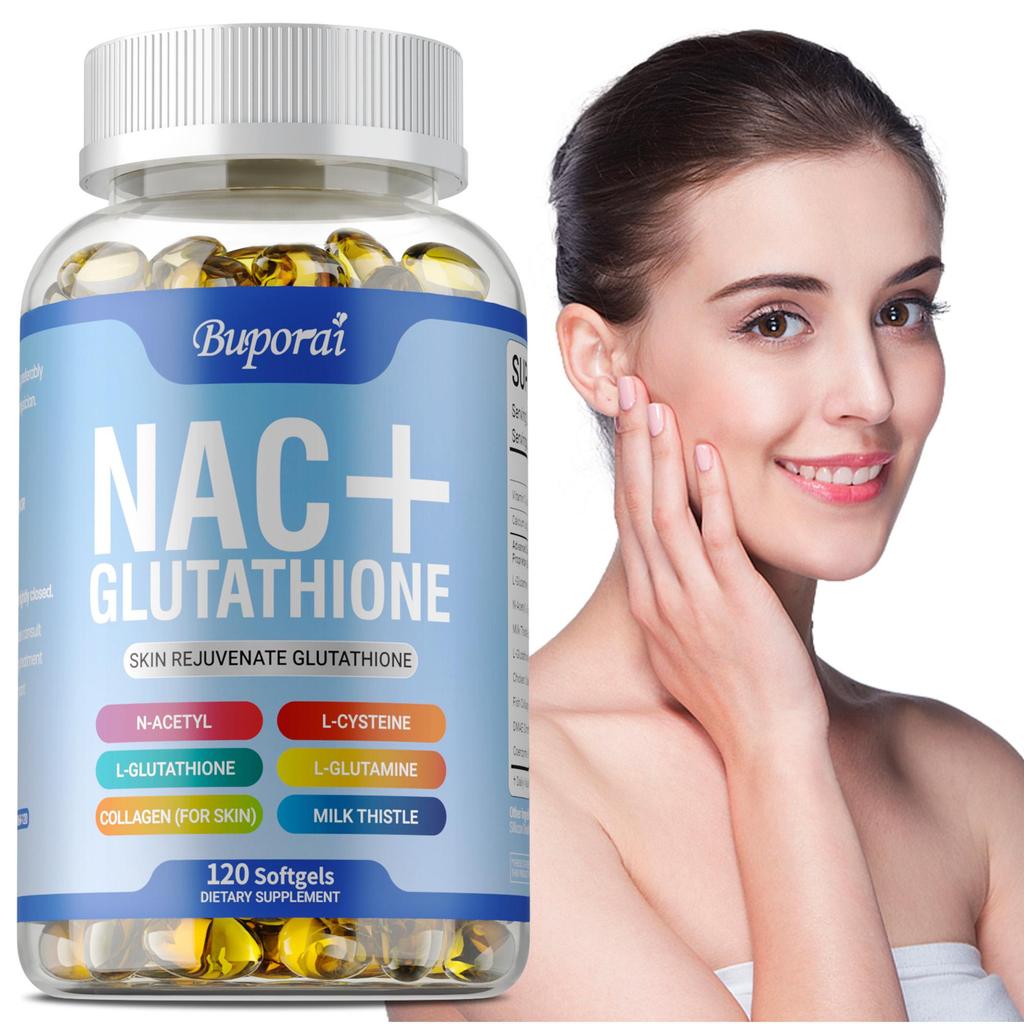 Capsule con Complesso NAC+ Glutatione, contenenti collagene, estratto di cardo mariano, antiossidante, adatte agli adulti.
