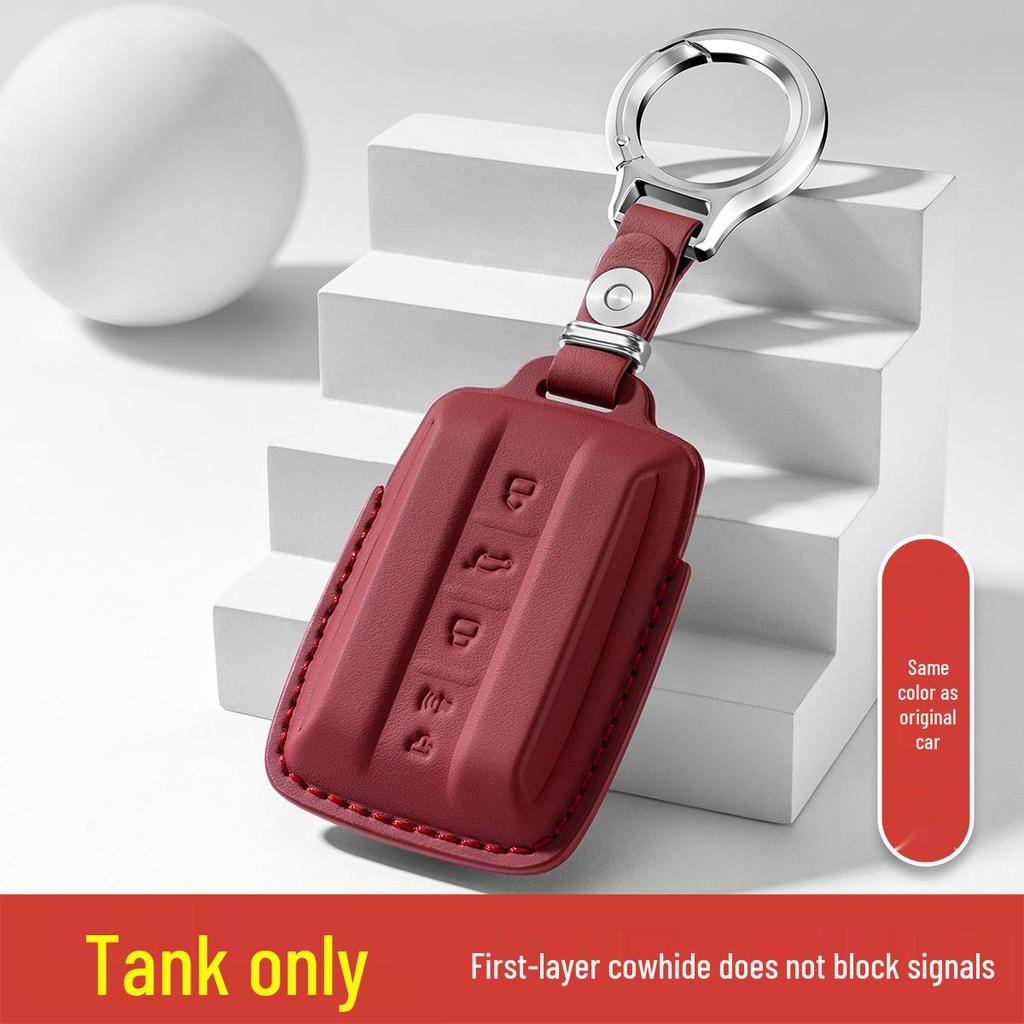 Premium Leather Car Key Cover for Tank 400 - Genuine Cowhide Key Bag with Buckle for Men and Women