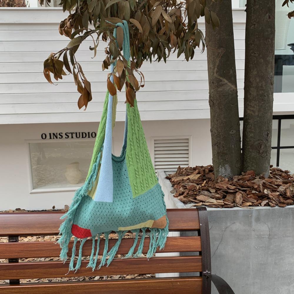 

Soft Hollow Crochet Bag Casual Commuting Tote Bag Trendy Knitted Tassel Shoulder Bag Shopping