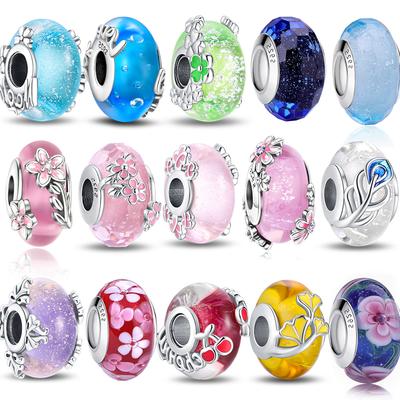 New Copper Colorful Flower Murano Glass Charm Fit Original Bracelet Necklace Heart Murano Glass Diy Fine Jewelry