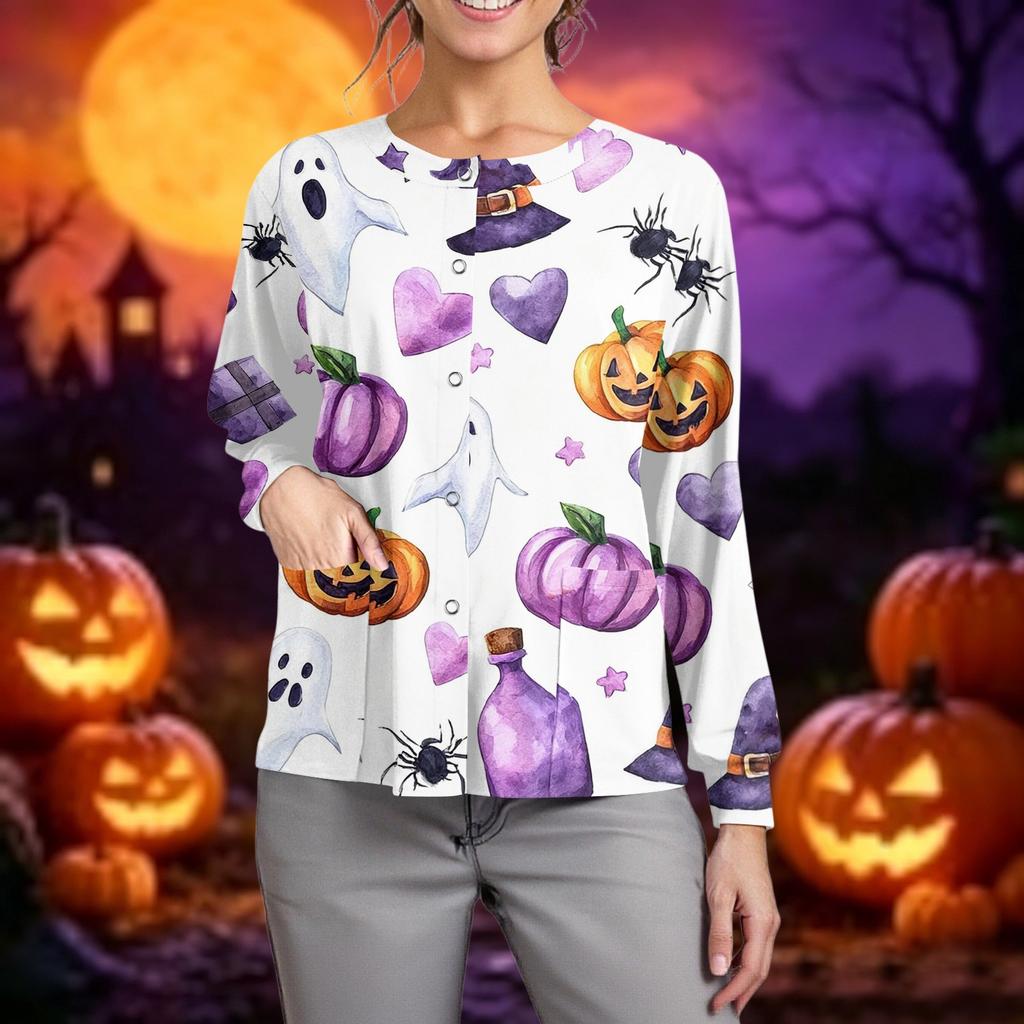Women Long Sleeve Button Front Cardigan Halloween Print Lightweight Casual Workwear Cover Up Shirt for Caregivers and Daily Wear