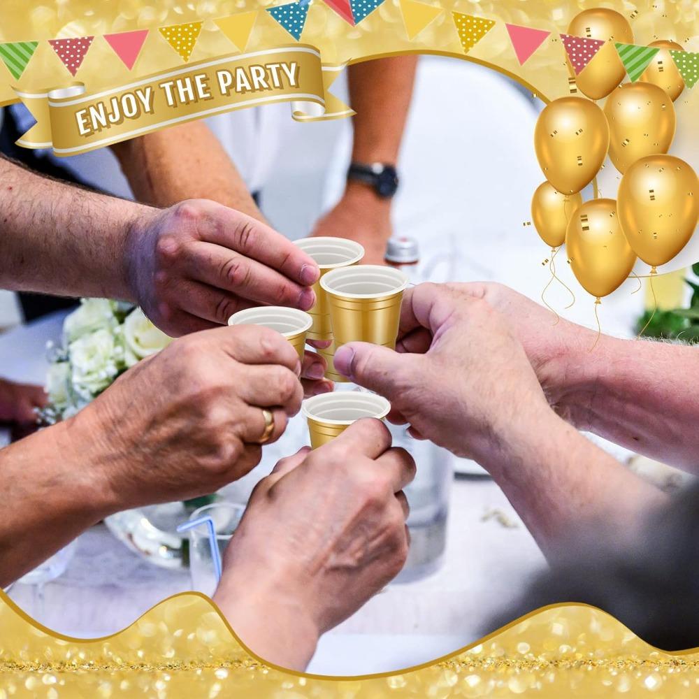 50pcs Plastic Shot Glasses Disposable Shot Cups Mini 2oz Party Cups Golden Water Cups Unbreakable Plastic Drinking Glasses Plastic Beer Cup