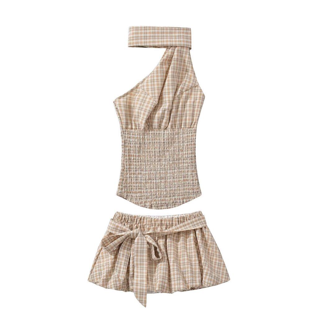 Spring 2025 Yellow Plaid Halter Top & Bodycon Mini Skirt Set for Women - European & American Fashion Style