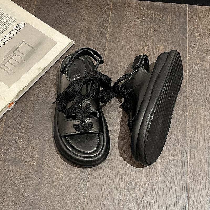 Fashion Thick Bottom Sports Sandals Women Summer Shoes Hollow Breathable Strappy Roman Shoes Beige Black Flat Leisure Soft Sole Sandales