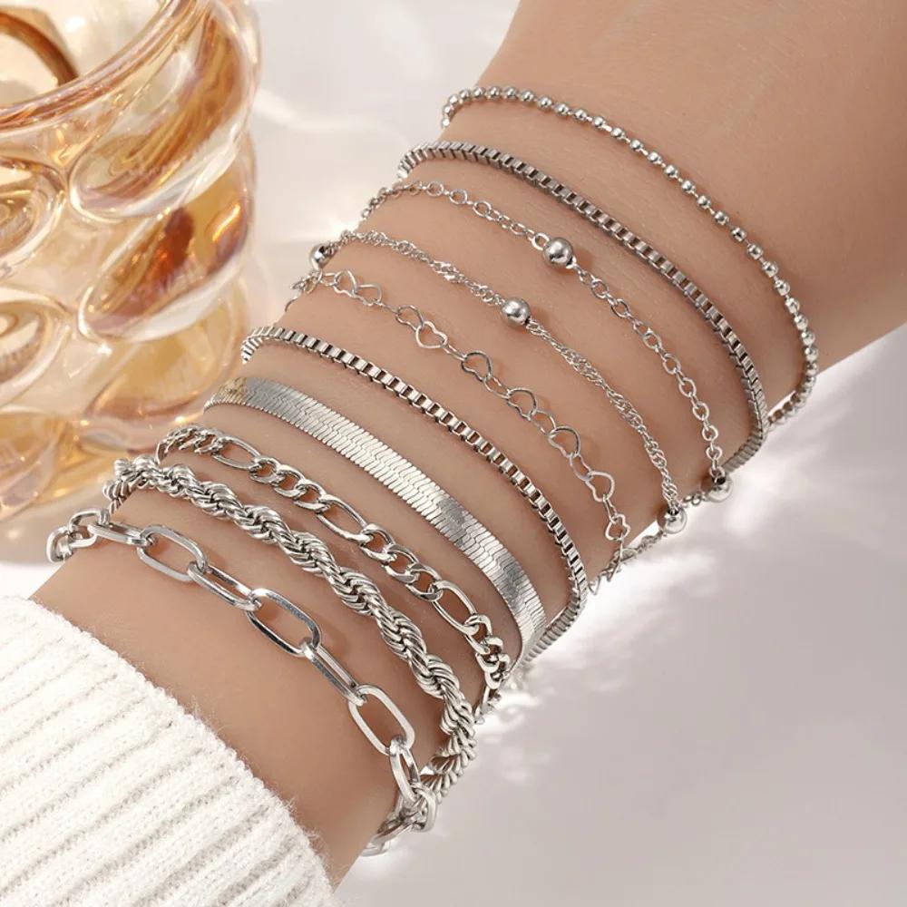 10pcs Set Charm Gold Cuban Twist Chain Bracelet for Women Men Luxury Multilayer Summer Beach Bangle Jewelry Set Gift