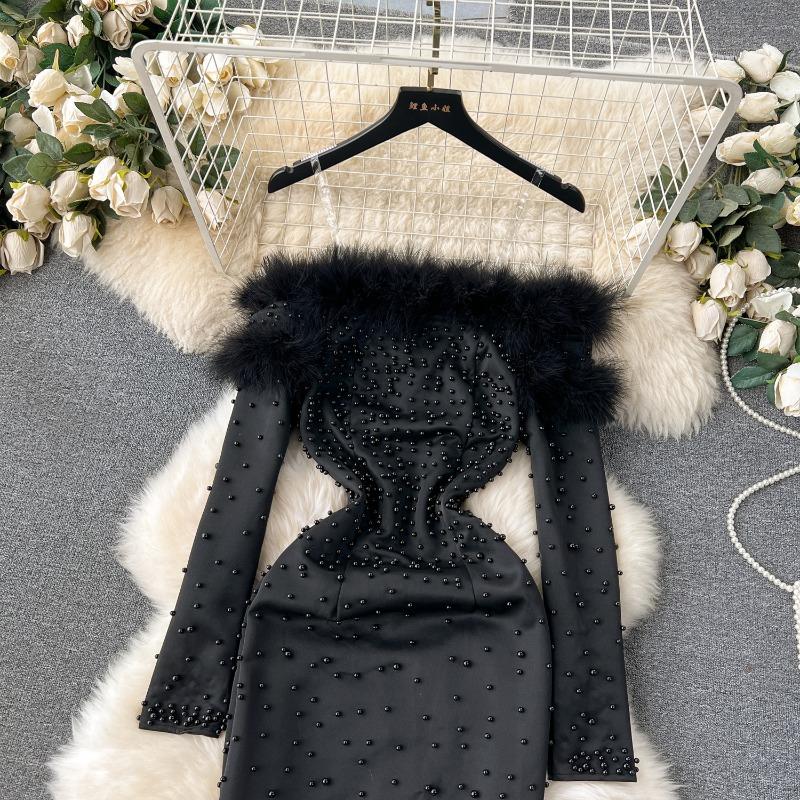 One-word Shoulder Fluffy Splicing Bead Dress Dress Women's Niche Waist and Thin Temperament Socialite