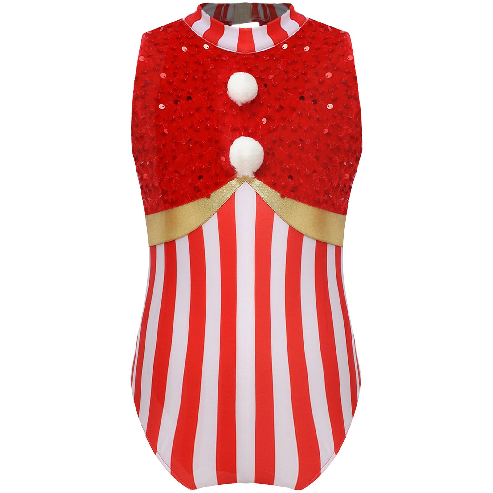

Girls Candy Cane Costume Sleeveless Stripes Sequins Bodysuit Figure Skating Jumpsuit Christmas Party Outfit 5-6 Years червоний