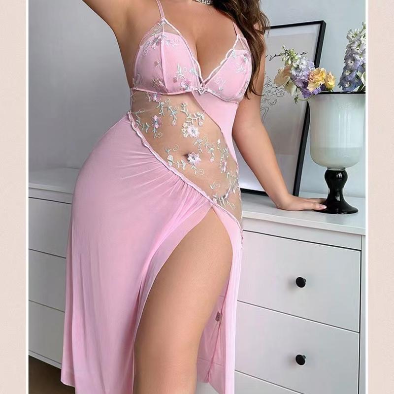 Women Pajama Floral Embroidery Night Dress Hollow Out Irregular Long Nightgowns Sexy V-Neck Suspender Translucent Nightgown