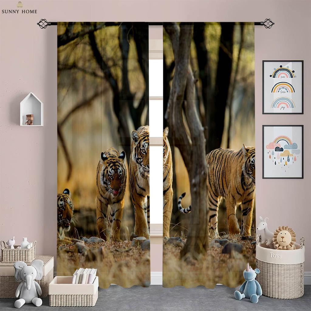Lion Forest Animal 3D Printed Curtains Children's Room Living Room Study Decorative Curtains Home Decor 2 Pieces