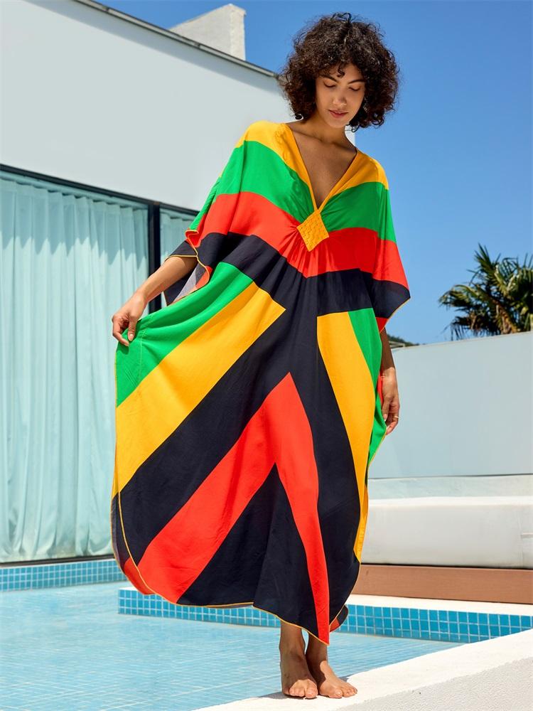 EDOLYNSA 2024 sommer Bunte Patching Sexy V-ausschnitt Batwing Ärmel Lose Maxi Kleid Frauen Kleidung Böhmischen Urlaub Strand Cover-ups Q1618