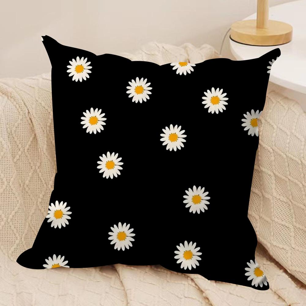 Classic Black Daisy Cushion Cover Short Plush Doublesided Print Square Throw Pillow Covers Sofa Home Cushion Decor