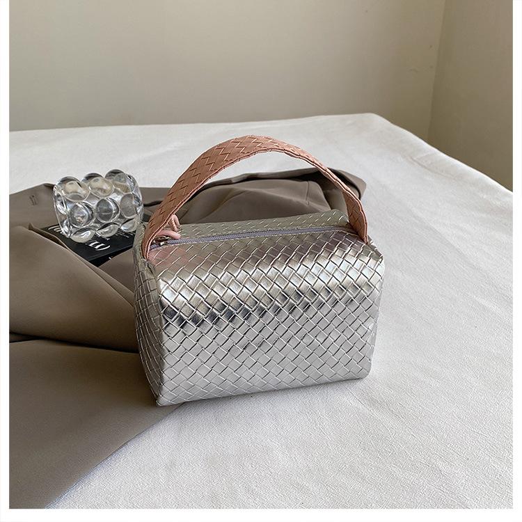 

Новая плетеная женская сумка серебристо-розового цвета с вставками косметичка косметичка несессер уникальный дизайн сумки-тоут для женщин серебряный