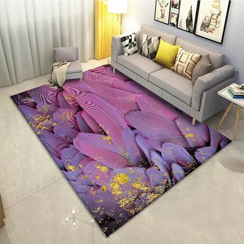 Feather Print Crystal Velvet Home Carpets for Living Room Decor Quality Wrapping Edge Rugs for Bedroom Dirt Tolerance Floor Mat