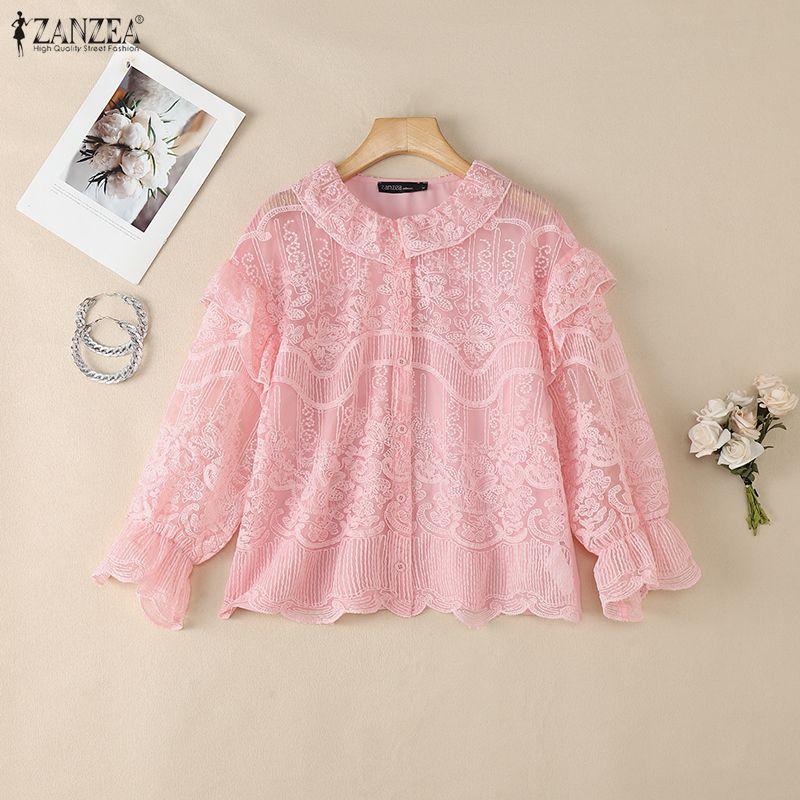ZANZEA Women Casual Round Neck Long Sleeve Loose Lace Blouse