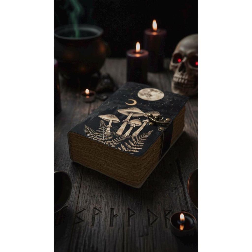 Handmade Mushroom Leather Journal, Fairy Moon Grimoire Notebook with Deckle Edge Paper, Cottagecore Fairycore Spell Book of Shadows