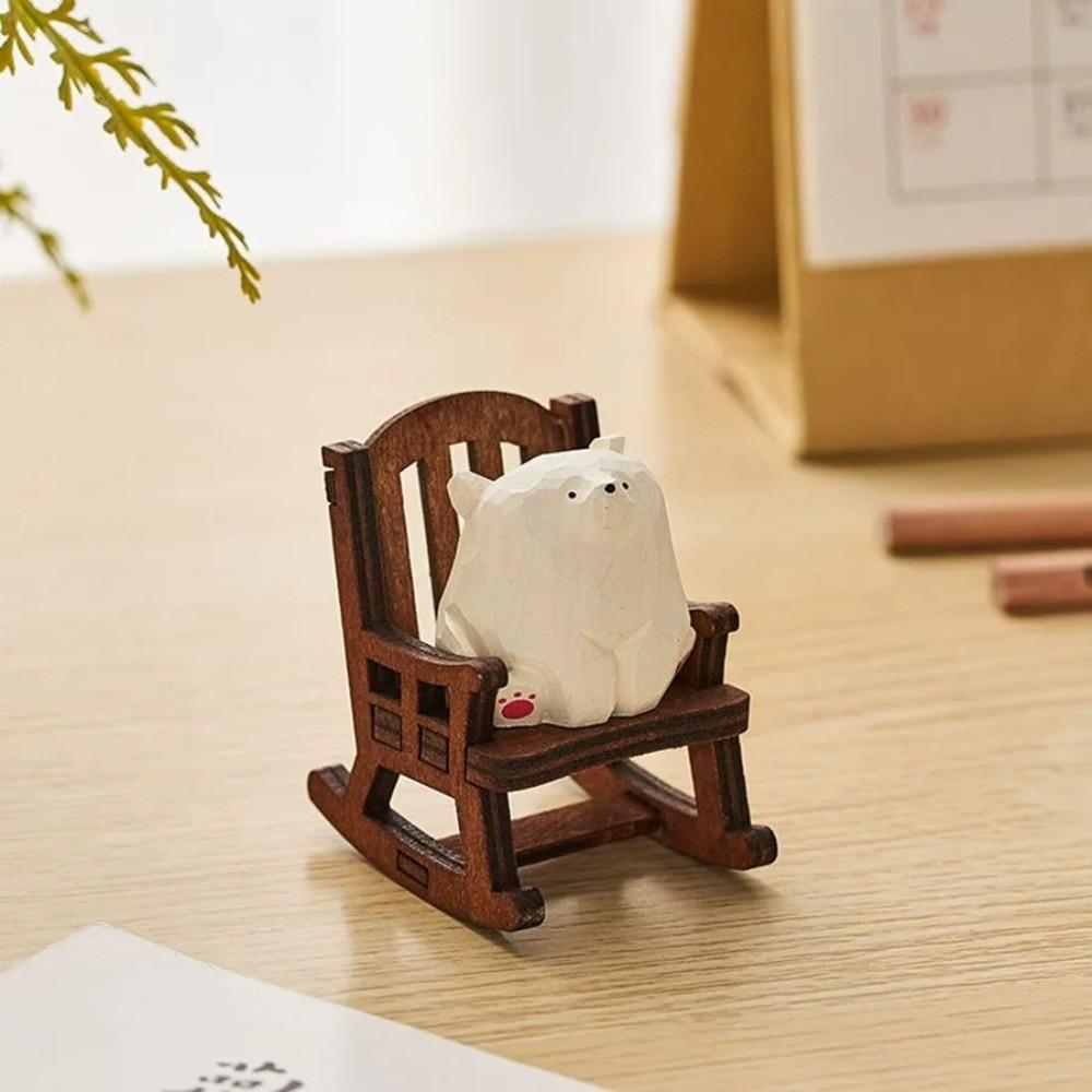 Mini Hand Carved Bear Figurines Solid Wood Polar Bear Crafts Small Chair Ornaments Table Decorate
