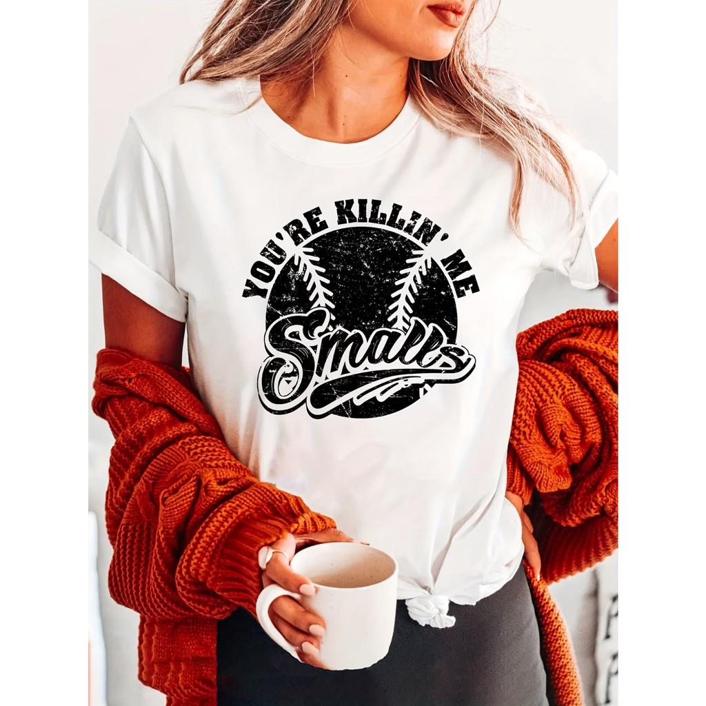 Smais Softball Fashion Letter Print T-shirt, Short Sleeve Crew Neck Casual Top for Summer & Spring