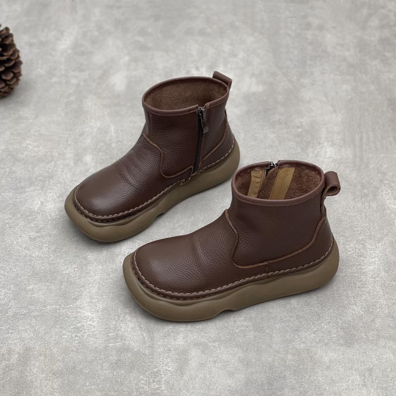 Johnature Ekte skinn Ankelstøvletter med myk såle Retro Rund tå Glidelås på siden Kvinners Flate Korte Støvletter