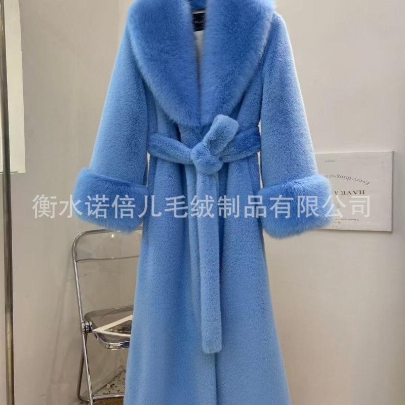 

New mink fur jacket with integrated fur, medium and long large fur collar imitation fox fur collar coat winter XXL140-160 синій