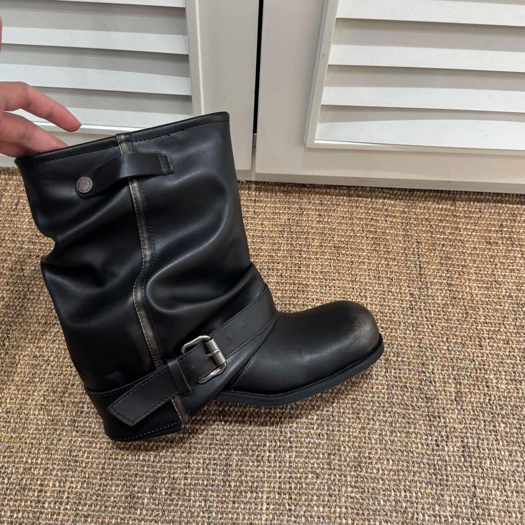 Cowhide version~ Korean niche pleated pile short boots women's autumn and winter round head thin wide trouser leg boots trendy cool Martin