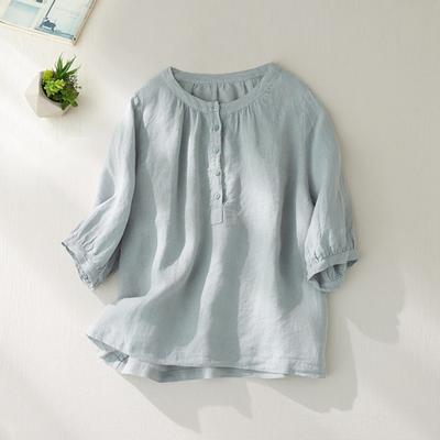 Summer Cotton Linen Blouse Retro Women Buttons Standing Neck Short Sleeve Shirts Casual Ladies Top Shirt