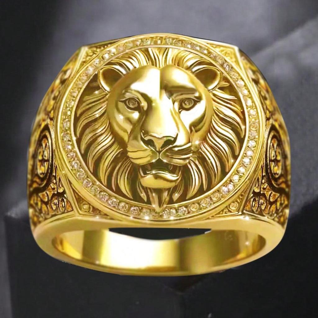 Europäischer & Amerikanischer Luxus Löwe Geschnitzter Vergoldeter Zirkon Herrenring - Hip Hop Stil Accessoire