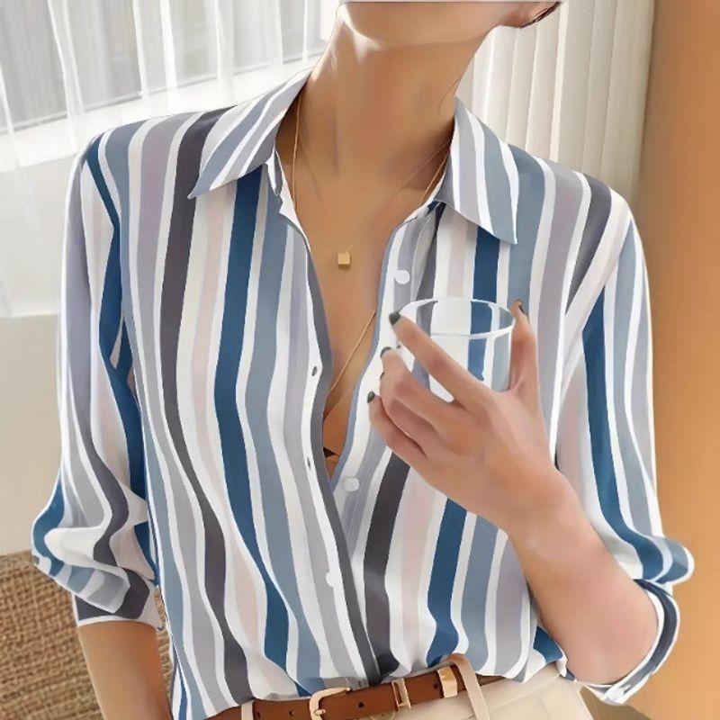 

Rainbow-Striped Long-Sleeve Shirt Rainbow Pattern Stripe Long sleeve Lapel Button Shirt Print 3 XXL