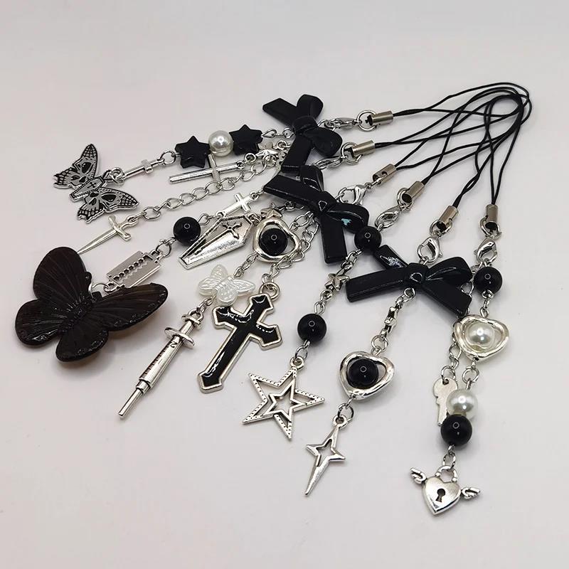 Black Punk Y2K Phone Pendant Chain Cool Girl Sweet Pink Beaded Charm With Cross Butterfly Love Accessories For iPhone Camera Bag 1