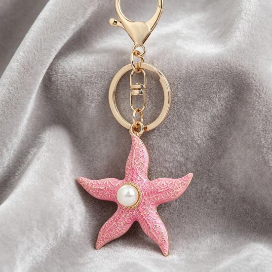 Keychain Pendant Starfish Design Zinc Alloy Key Chain with Imitation Pearl Inlaid Anti-Oxidation Lobster Clasp Key Pendant