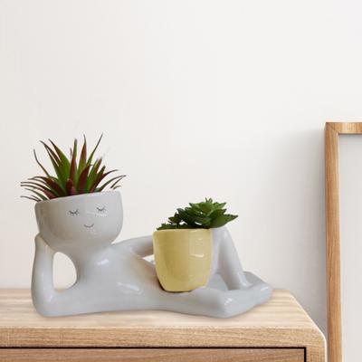 Lazy Guy Planter Resin Lying Down Figure Flower Pot with Drainage Hole Tabletop