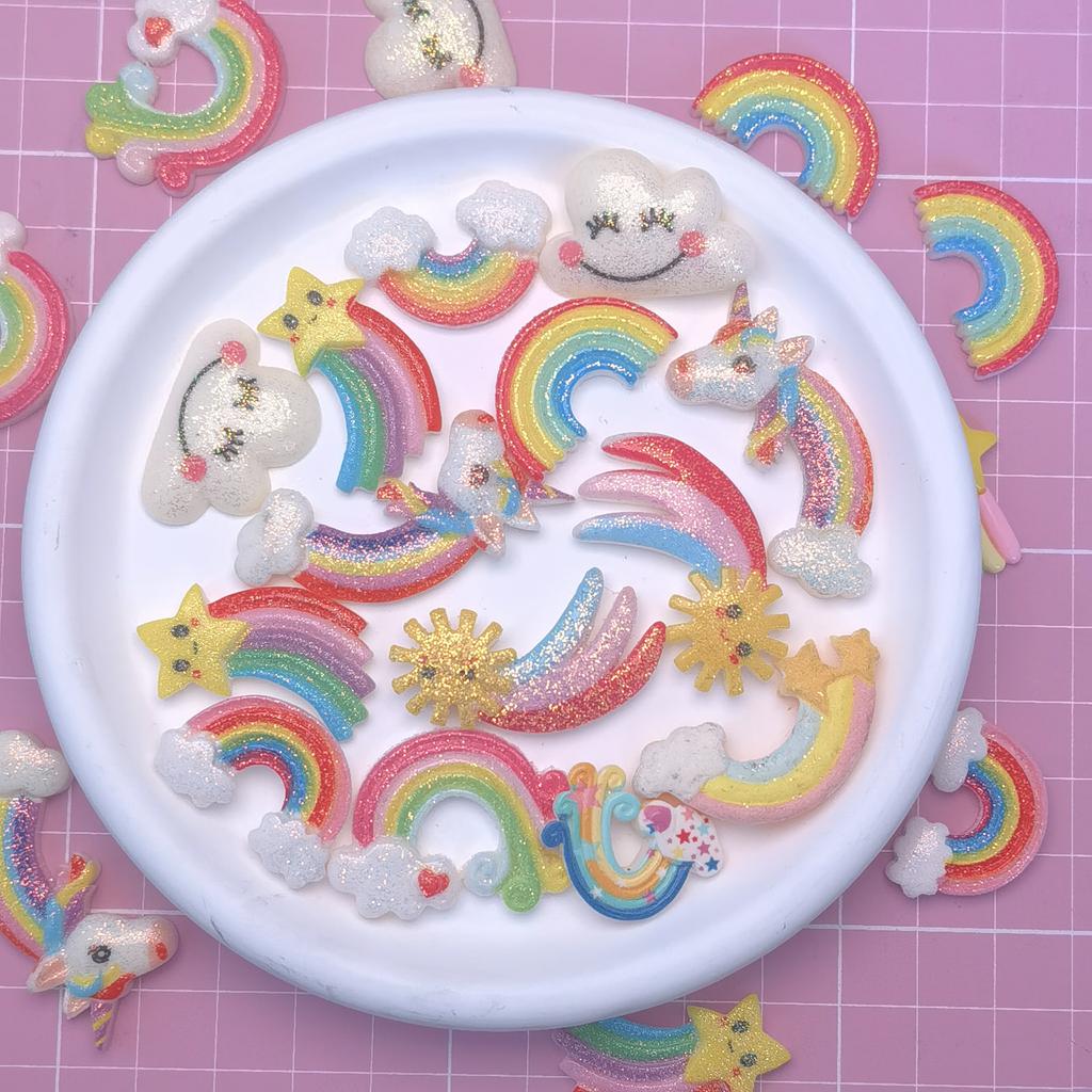 100pcs Kawaii Rainbow Cloud Flatback Charms Glitter Resin Cabochon Embellishments DIY Scrapbooking Supplies