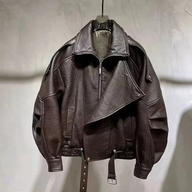 Jaqueta Feminina de Couro PU Oversized Outono Primavera Manga Longa com Zíper Luxuosa Designer Retro Roupas Chique Street locomotive Roupa Exterior