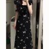Trace Encounter French Temperament Butterfly Print Hepburn Style Small Black Dress Female Waist Thin Lotus Leaf Edge Flying Sleeves Long Skirt