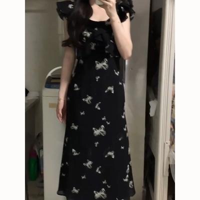 Trace Encounter French Temperament Butterfly Print Hepburn Style Small Black Dress Female Waist Thin Lotus Leaf Edge Flying Sleeves Long Skirt