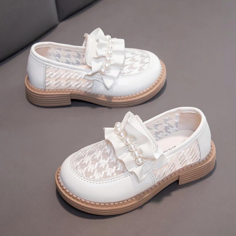 Girls Princess Shoes Mesh Pleated Pearls Fashion Kids Leather Shoes for For Party Wedding Children Loafers Slip-on Simple Cute