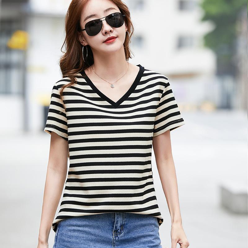 

Літня бавовняна футболка Корейська жіноча повсякденна футболка з V-подібним вирізом Жіноча футболка з короткими рукавами Елегантні дихаючі жіночі футболки Za M