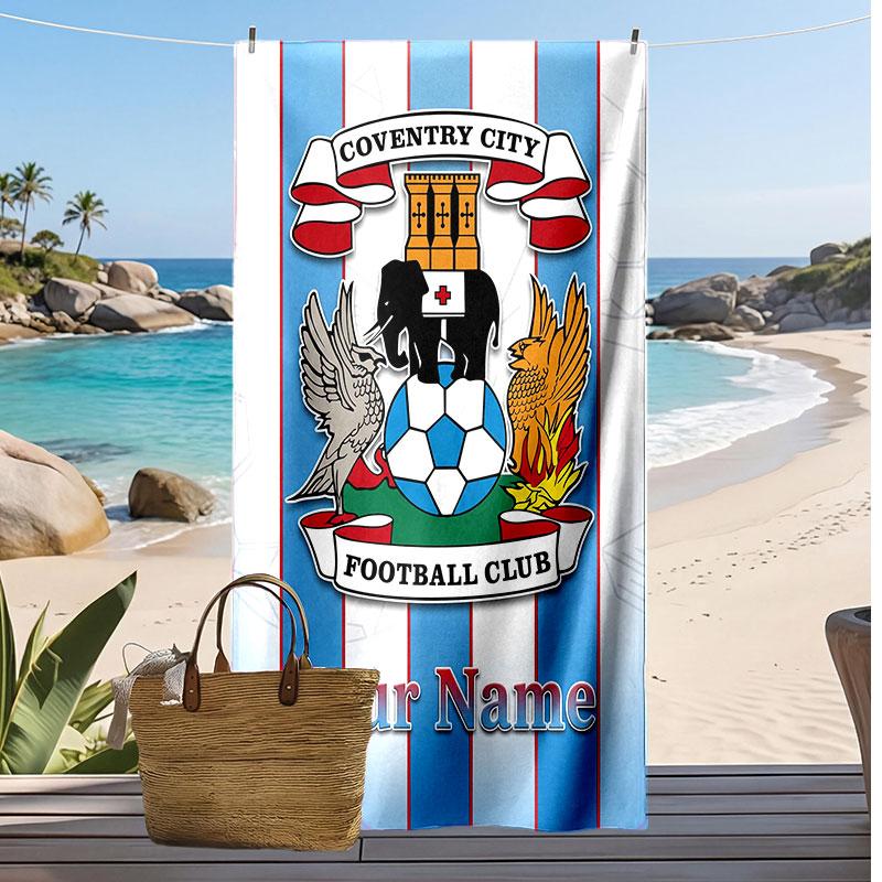 Coventry City FC Personalized Printed Beach Towel Soccer Logo Support Custom Name Text Absorbent Towel For Sport Travel Special Gift