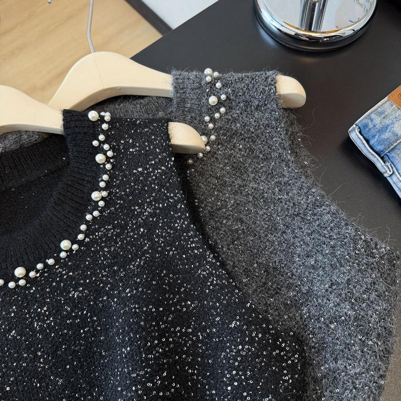 2026 Autumn Winter New Women Sweater Knitting Beading Vintage Lady Tops Pullover Sleeveless Shirt Loose Casual Vest Tank