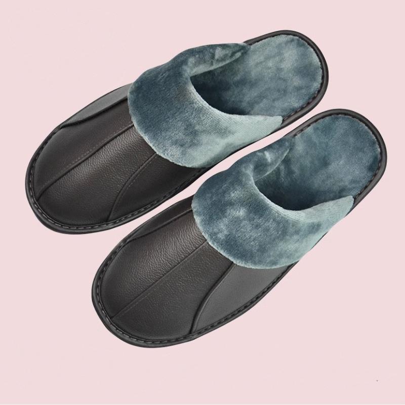 Luxury Cow Split Leather Handmade Men Home Slippers Winter Warm Slip On Soft Comfortable Bedroom Indoor Flat Men Women Padded Warm Slippers Shoes