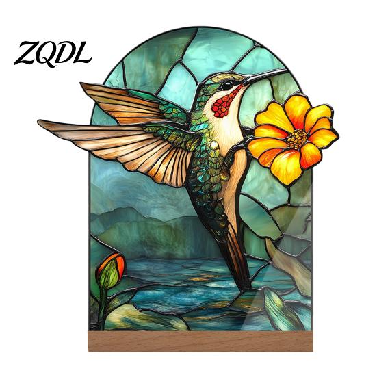 Artistic Tabletop Accents Stained Glass Style Acrylic Table Centerpieces, Floral & Landscape Pattern Exquisite Room Decor Sign with Wood Base for Home