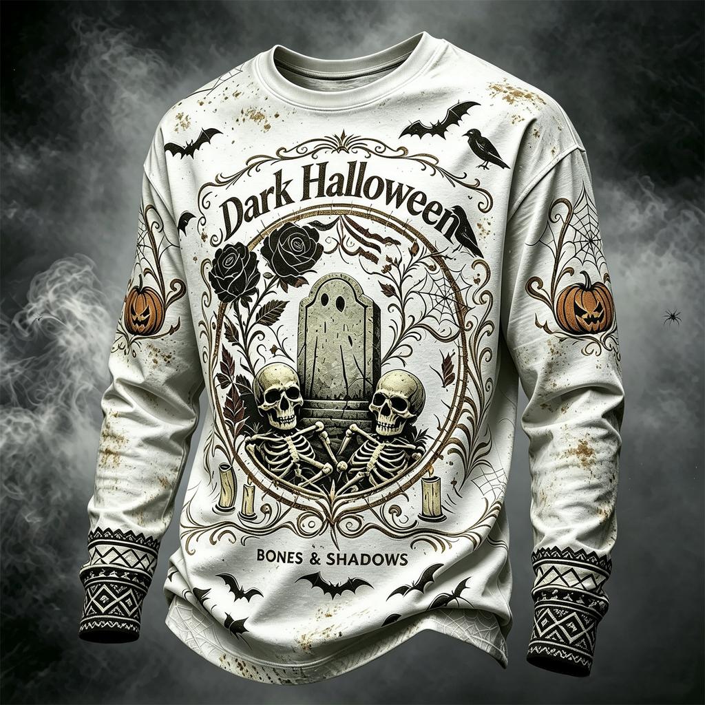 Men's Casual Long Sleeve Round Neck Top with Halloween Print for Seasonal Wear