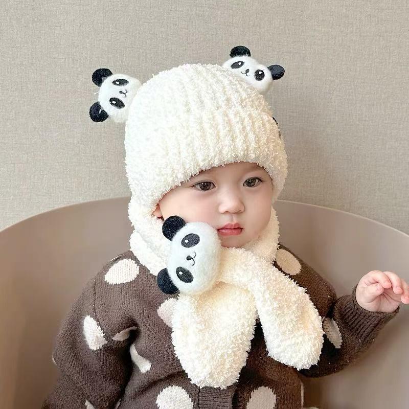 Red panda baby hat scarf integrated two-piece set autumn and winter baby boy and girl winter warm plush hat