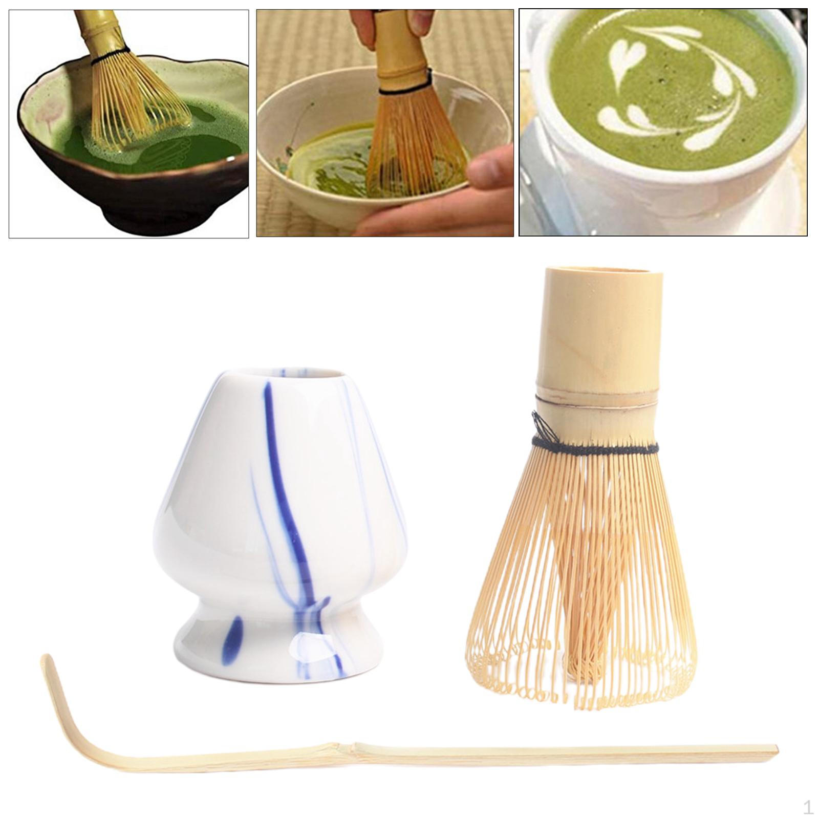 Set Ceramic Bowl, Tea Container Holder , Bamboo Whisk, Whisk E Blue White